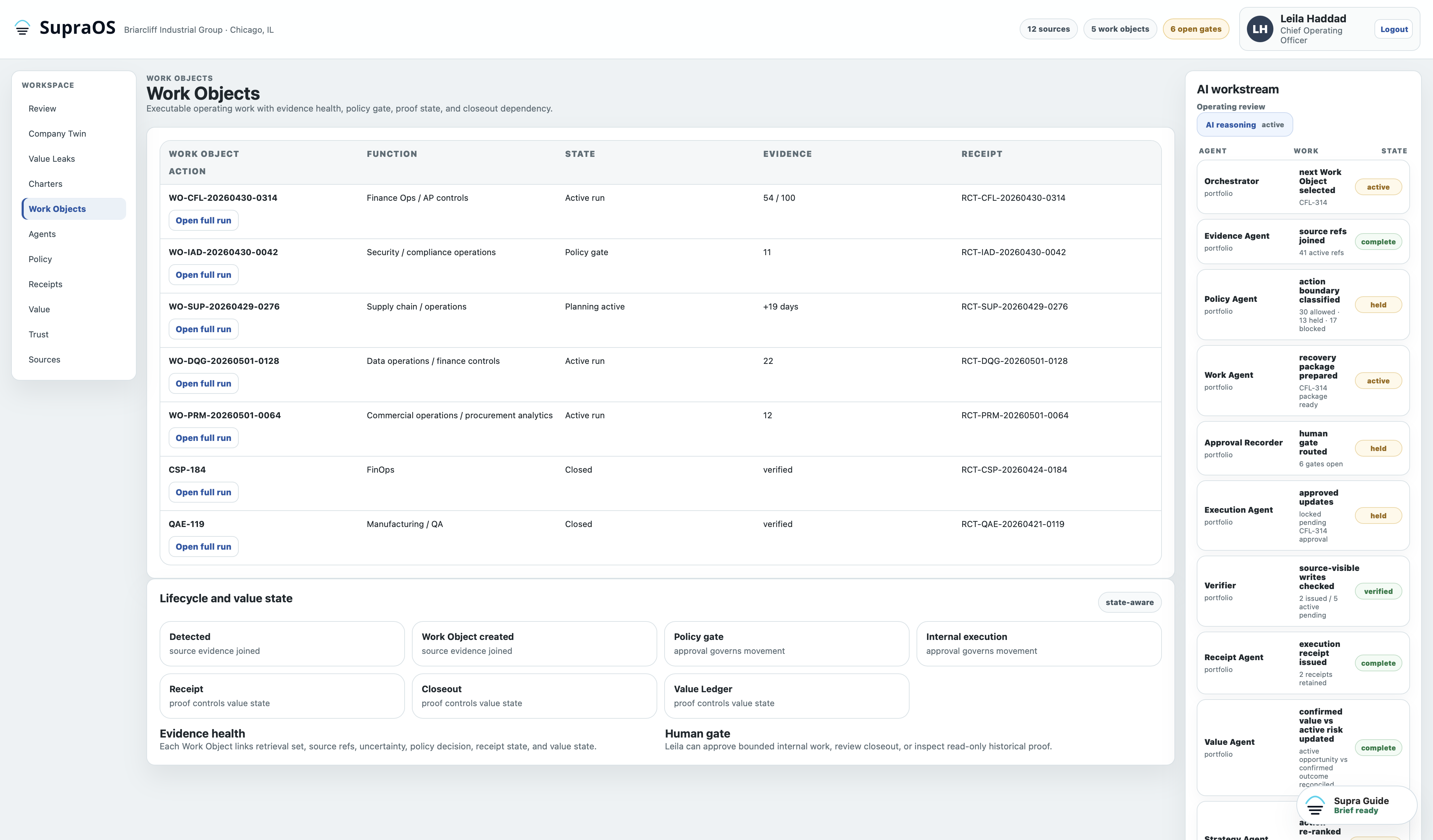 SupraOS Work Objects screen